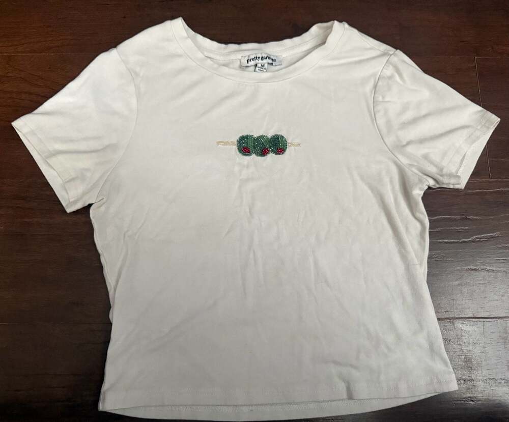 Pretty Garbage White Short Sleeve Baby Tee with Beaded Olive Embroidery